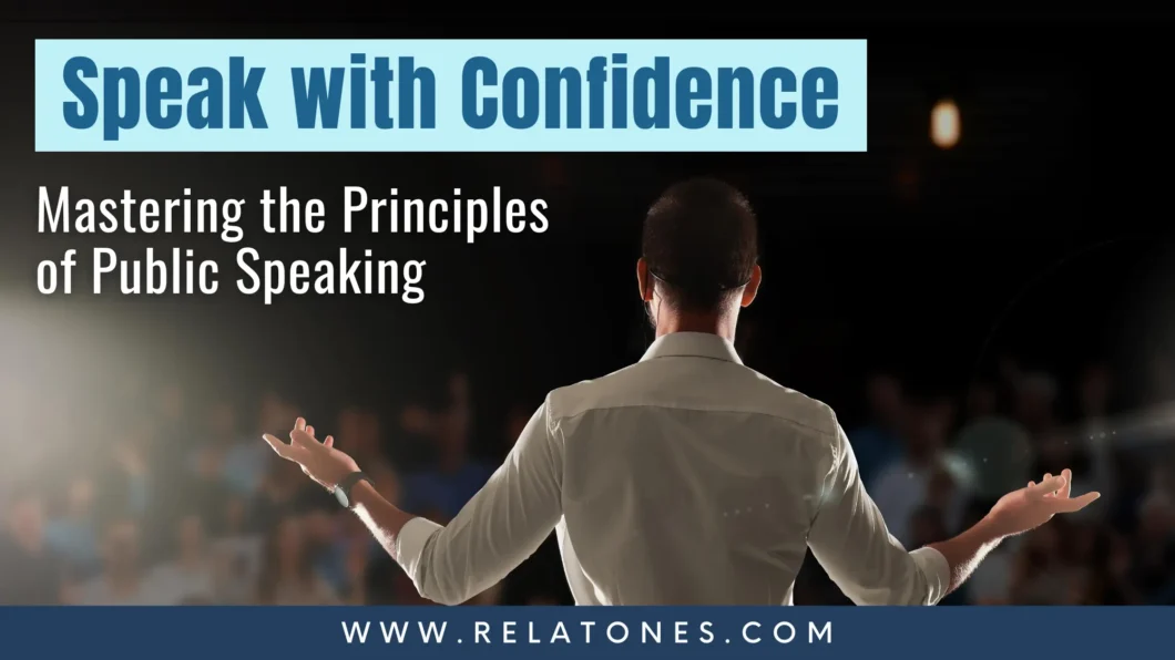 Confident speaker delivering a at a public speaking skills training session in front of an attentive audience.